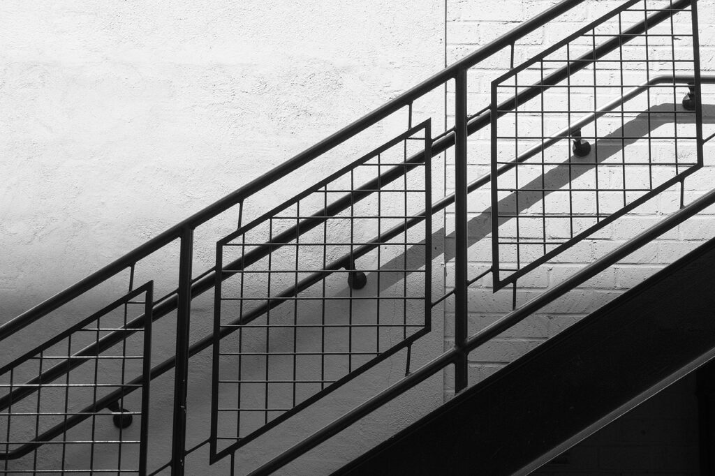 stairway, banister, rail, staircase, stair, architecture, railing, handrail, steps, construction, metal, outdoor, gray construction, gray metal, banister, banister, banister, banister, banister, staircase, stair, railing, handrail, handrail, handrail, handrail, handrail